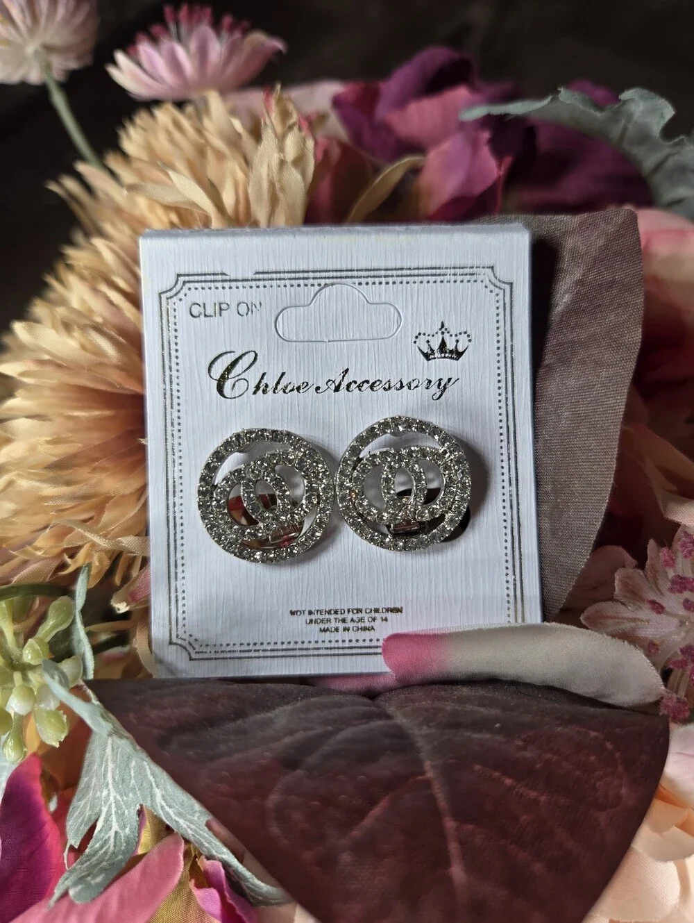 NWT Chloe Accessory Double Circle Silver Crystal Clip-On Earrings Women's